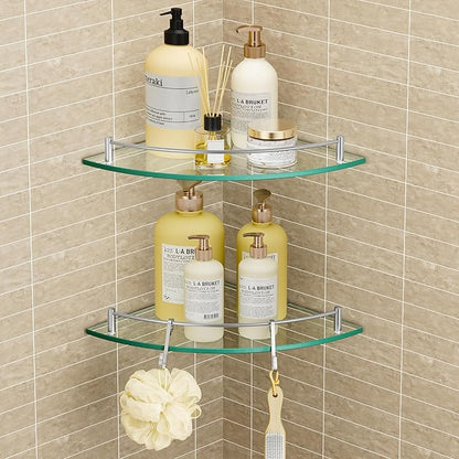 KES Glass Corner Shelf for Bathroom Corner Shelf 2 Pack Tempered Glass Shelf with Rail SUS 304 Stainless Steel Wall Mounted Brushed Finish, BGS2101A-2-P2