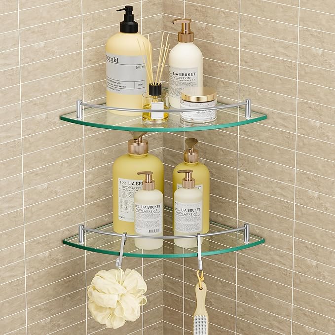 KES Glass Corner Shelf for Bathroom Corner Shelf 2 Pack Tempered Glass Shelf with Rail SUS 304 Stainless Steel Wall Mounted Brushed Finish, BGS2101A-2-P2