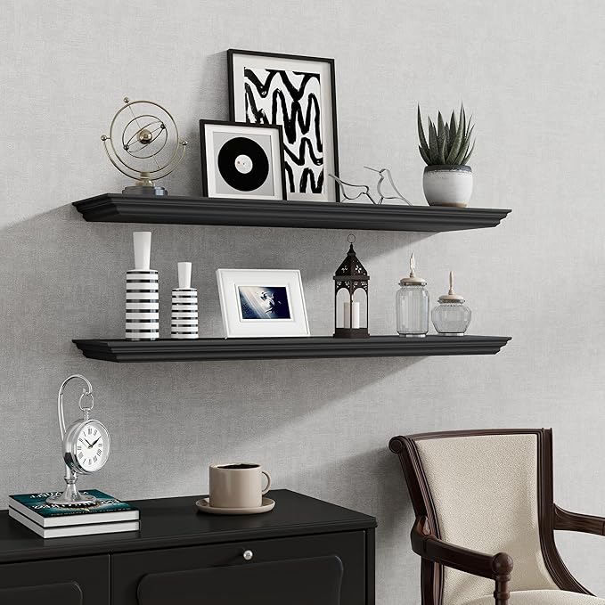 Fun Memories Floating Shelves 36 Inch Long, 9.3 Inch Deep Classic Crown Molding Floating Shelves for Wall, Rustic Wooden Shelves for Wall Decor Bathroom, Kitchen, Office, (Black, 2Pack)