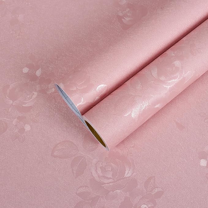 CHIHUT 12"x472" Pink Peel and Stick Wallpaper Floral Contact Paper for Cabinets Self Adhesive Removable Embossed Flower Wallpaper Textured Decorative Vinyl Wall Paper Roll for Bedroom Living Room