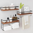 Wood Floating Shelves Wall Mounted - 3+1 Tier Rustic Bathroom Shelves Over Toilet with Wire Storage Basket &Towel Bar, Set of 3 Farmhouse Floating Shelf for Bathroom,Kitchen,Bedroom,Dark Brown.