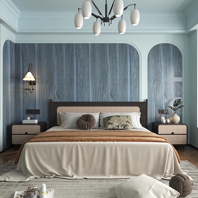 BOMENG Large Blue Wood Contact Paper Peacock Wallpaper Stick and Peel 31.5x354inch Wood Grain Wall Paper for Cabinets Wood Vinyl Wrap for Desk Walls Dresser Cover Top Kitchen Cabinet