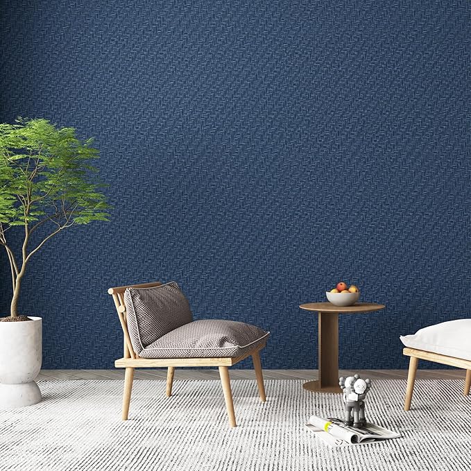 Haimin Fabric Wallpaper Textured Contact Paper (24in X 393in) Navy Blue Grasscloth Wallpaper Peel and Stick Faux Linen Wall Paper Self-Adhesive Vinyl Looks Like Woven Straw