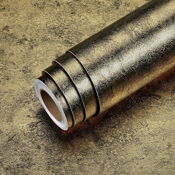 Livelynine 15.8x197 Antique Gold Wall Paper Peel and Stick Metallic Gold Accents Modern Textured Embossed Wallpaper for Bathroom Renter Friendly Decorative Contact Paper for Walls Kitchen Counter Top
