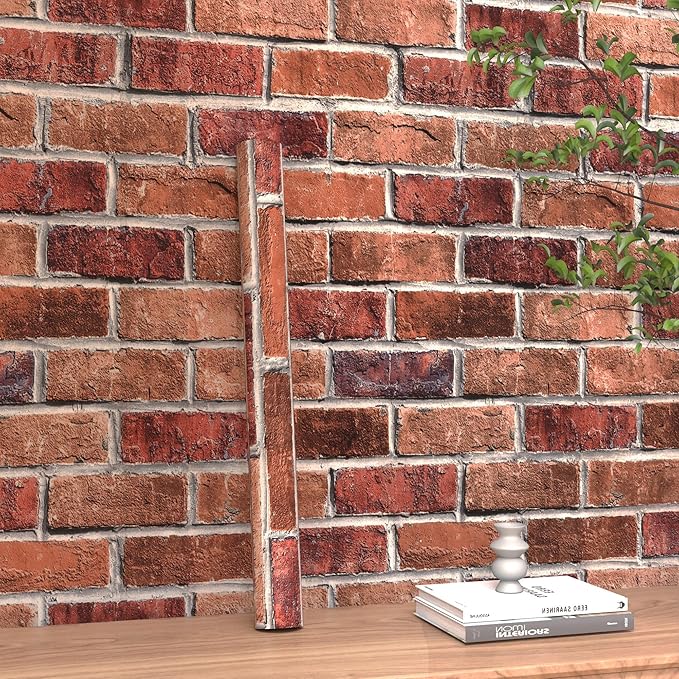 Rugreat Red Brick Peel and Stick Wallpaper Faux Brick Contact Paper for Cabinets Self Adhesive Removable Wallpaper for Backsplash Waterproof Textured Contact Paper for Fireplace Vinyl 17.3inW 120inL