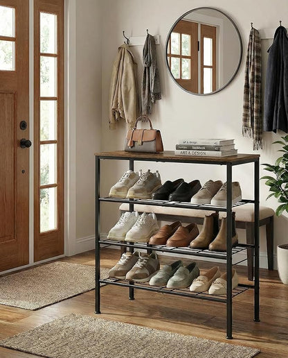 4-Tier Shoe Rack for Entryway, Bedroom & Living Room – Sturdy Shoe Storage Organizer with Adjustable Leveling Feet, Compact Design (26.9”x11.8”x26.1”), Rustic Brown