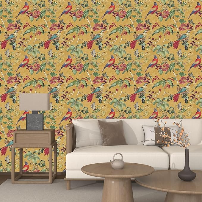 Yellow Boho Wallpaper Peel and Stick,Vintage Floral Bird Contact Paper, Retro Botanical Wall Paper Self Adhesive Removable Waterproof for Bedroom Walls Shelves Cabinet Table Decoration 17.5in x 118in