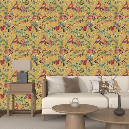 Yellow Boho Wallpaper Peel and Stick,Vintage Floral Bird Contact Paper, Retro Botanical Wall Paper Self Adhesive Removable Waterproof for Bedroom Walls Shelves Cabinet Table Decoration 17.5in x 118in