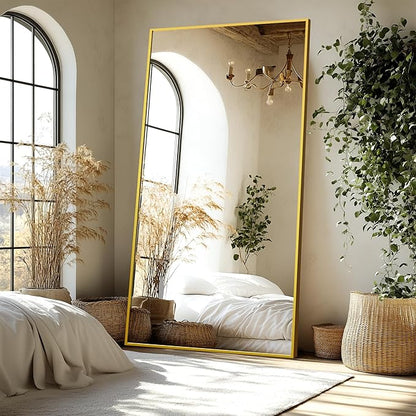 Delma Full Length Standing Mirror,Large Floor Mirror with Aluminum Frame for Bedroom, Bathroom, Living Room,Wall Mount or Freestanding Design(with Stand,Rect 75x35-Gold)