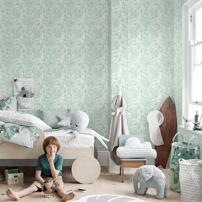 17.3"x393" Peel and Stick Wallpaper Boho Green Leaf Contact Paper Sage Green Botanical Wall Paper Self Adhesive Removable Wallpaper for Cabinets Drawers Bedroom Decor Waterproof Vinyl Roll