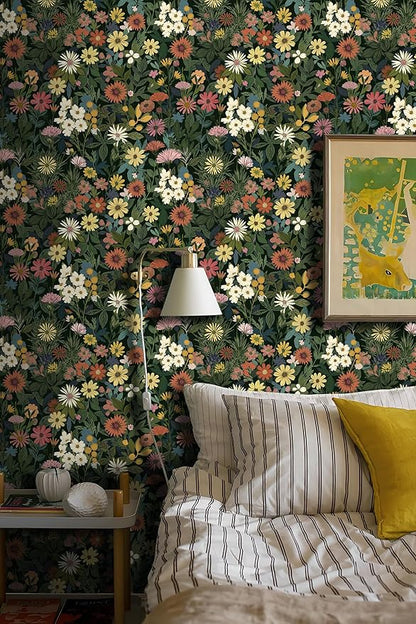 Peel and Stick Wallpaper Boho Wall Paper Removable Green Floral Contact Paper for Bedroom, Bathroom, Kitchen 17.3“ x 236.3”