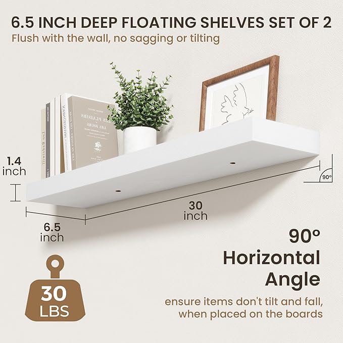 30 Inch Floating Shelves | 6.5 Inch Deep White Floating Shelves Set of 2 | 30" W x 6.5" D Rustic White Wood Wall Shelves with Invisible Brackets for Bathroom Living Room Bedroom