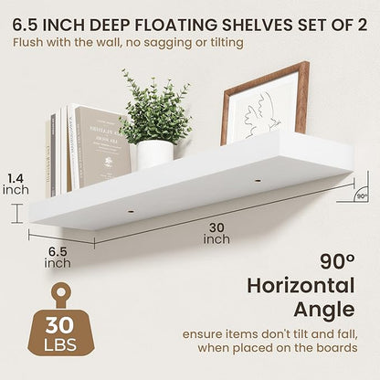 30 Inch Floating Shelves | 6.5 Inch Deep White Floating Shelves Set of 2 | 30" W x 6.5" D Rustic White Wood Wall Shelves with Invisible Brackets for Bathroom Living Room Bedroom