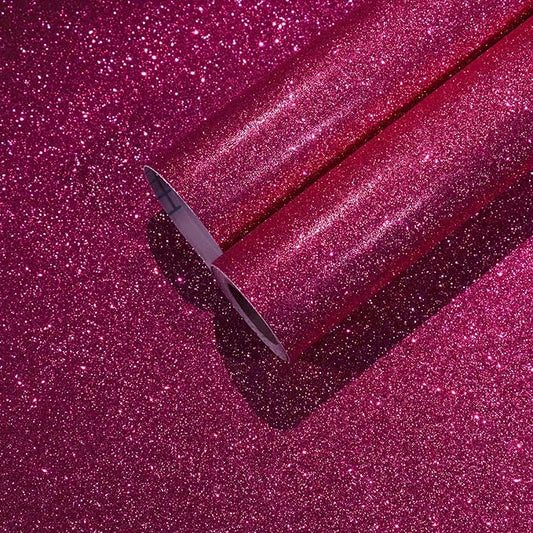 CHIHUT Hot Pink Glitter Peel and Stick Wallpaper Sparkly Pink Contact Paper for Cabinets Walls Removable Decorative Glitter Wall Paper Self Adhesive Textured Fabric Roll for DIY Crafts 15.7''x236''