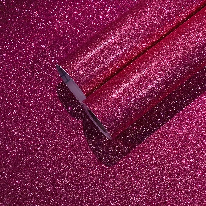 CHIHUT Hot Pink Glitter Peel and Stick Wallpaper Sparkly Pink Contact Paper for Cabinets Walls Removable Decorative Glitter Wall Paper Self Adhesive Textured Fabric Roll for DIY Crafts 15.7''x236''