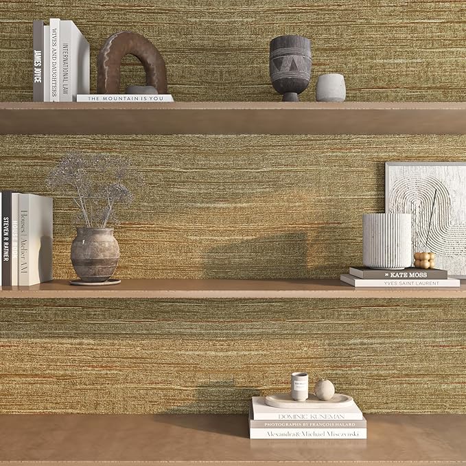 FunStick 24"x200" Gold Textured Wallpaper Peel and Stick Grasscloth Wallpaper Rolls for Walls Texture Removable Contact Paper Renter Friendly Self Adhesive Wallpaper for Bathroom Living Room Furniture
