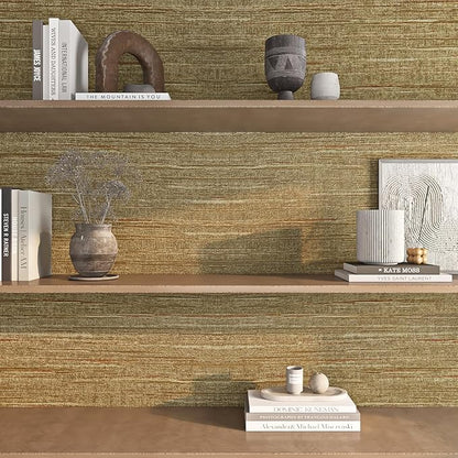 FunStick 24"x200" Gold Textured Wallpaper Peel and Stick Grasscloth Wallpaper Rolls for Walls Texture Removable Contact Paper Renter Friendly Self Adhesive Wallpaper for Bathroom Living Room Furniture