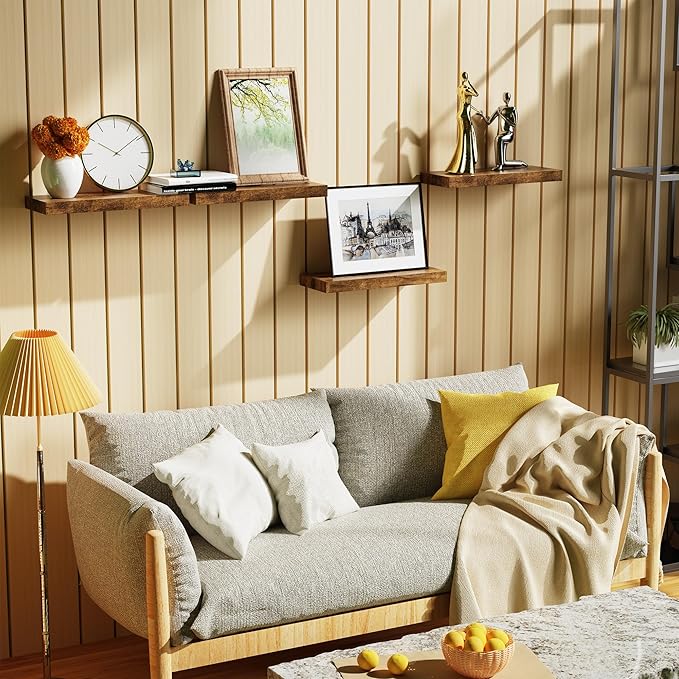 Bellsal Floating Shelves for Wall, Rustic Brown Wood Wall Shelf Set of 4, 16