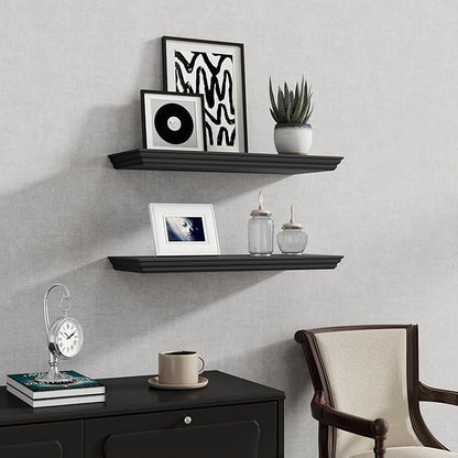 Fun Memories Floating Shelves 24 Inch Long, 9.3 Inch Deep Classic Crown Molding Floating Shelves for Wall, Rustic Wooden Shelves for Wall Decor Bathroom, Kitchen, Office, (Black, 2Pack)