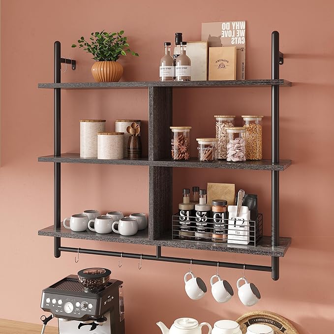 Bestier Kitchen Shelves Wall Mounted Floating Pipe Shelving 3 Tier 41.5" Coffee Bar Shelf with Holder, Wall Display Storage Rack Sundries for Kitchen Living Room, Charcoal Black