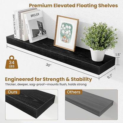 Fun Memories Floating Shelves 30 Inch, Wall Mounted Wood Shelf Set of 2, Farmhouse Decor for Bathroom, Bedroom, Kitchen, Living Room, Black
