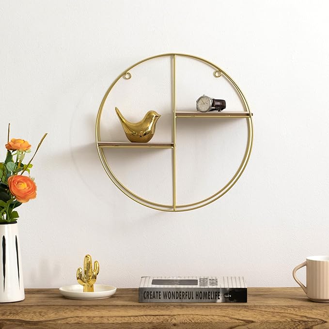 Vintiquewise Elegant 2-Tier Decorative Floating Circular Silhouette Wall Shelf - Circular Metal and Wood Wall-Mounted Shelf for Entryway, Bathroom, Bedroom, and Living Room Decor, Gold Finish