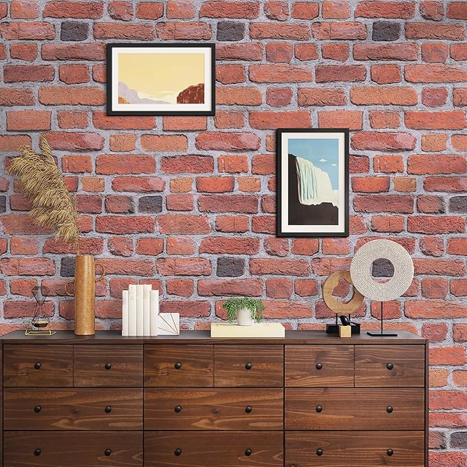 Abyssaly Brick Peel and Stick Wallpaper - Red Brown Brick Wrapping Paper Contact Paper - Faux Stone Wallpaper for Fireplace Kitchen Party Decoration 17.5