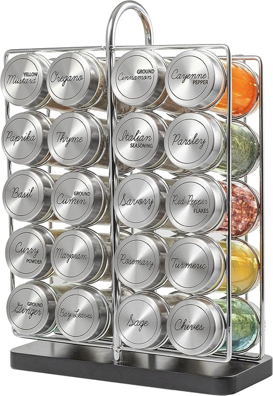 Orii 20 Jar Spice Rack Stainless Steel with Spices Included - Standing Rack Shelf Holder & Countertop Spice Rack Tower Organizer for Kitchen Spices
