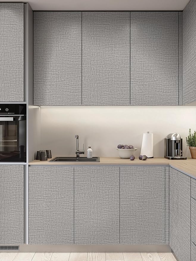 Guvana Grasscloth Peel and Stick Wallpaper Grey Textured Contact Paper Modern Removable Self Adhesive Wall Paper Thicken Fabric Faux Linen Wallpaper for Bathroom Living Room Cabinets 78.7inx15.7in