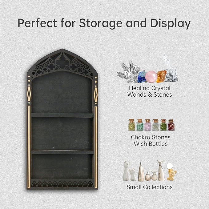 Gothic Crystal Shelf Display for Wall, Wooden Rock Gem Healing Stone Display Shelf Wall Mounted, Crystal Holder Trinket Organizer Knick Knack Shelf, Gothic Witchy Decor Gifts for Women - 2025 UPGRADED