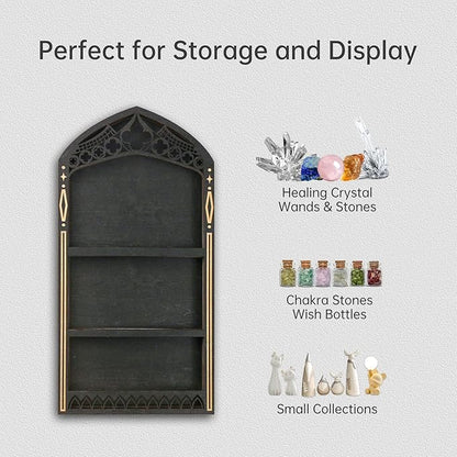 Gothic Crystal Shelf Display for Wall, Wooden Rock Gem Healing Stone Display Shelf Wall Mounted, Crystal Holder Trinket Organizer Knick Knack Shelf, Gothic Witchy Decor Gifts for Women - 2025 UPGRADED