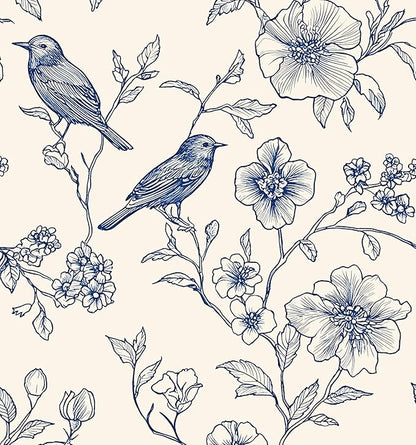 Beige Wallpaper Peel and Stick Blue Floral Bird Vintage Contact Paper 17.5" x 393" Boho Animal Self Adhesive Waterproof Removable for Bathroom Shelves Cabinet Drawer Table Decor Renter Friendly