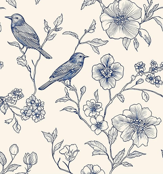 Beige Wallpaper Peel and Stick Blue Floral Bird Vintage Contact Paper 17.5" x 393" Boho Animal Self Adhesive Waterproof Removable for Bathroom Shelves Cabinet Drawer Table Decor Renter Friendly