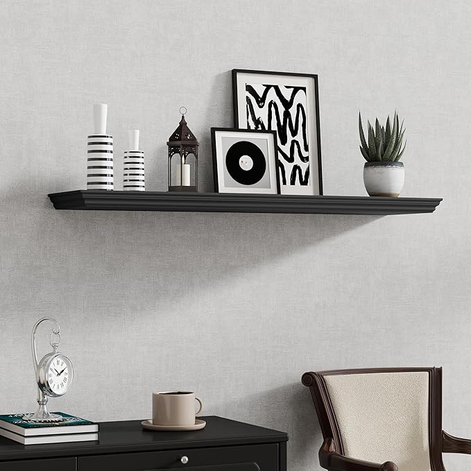 Fun Memories Floating Shelves 40 Inch Long, 9.3 Inch Deep Classic Crown Molding Floating Shelves for Wall, Rustic Wooden Shelves for Wall Decor Bathroom, Kitchen, Office, (Black, 1Pack)