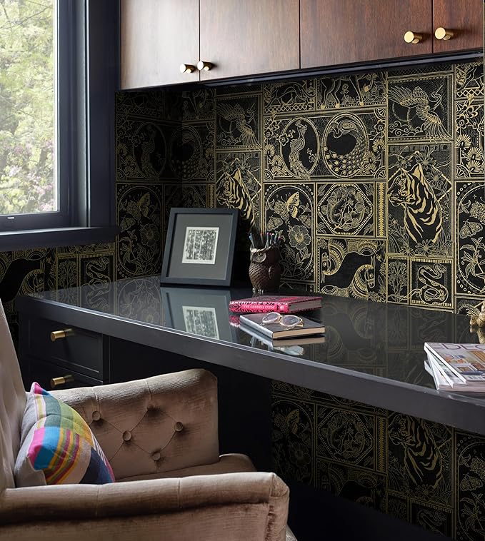 Erfoni Black and Gold Wallpaper Vintage Peel and Stick Wallpaper Special Animals Pattern Contact Paper Stick and Peel Self Adhesive Removable Wall Paper for Countertop Cabinets Covering 78.7"x17.7"
