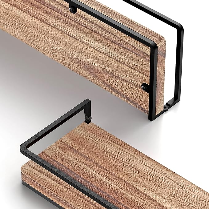 Meangood Floating Shelves Wall Mounted Set of 2, Rustic Wood Wall Storage Shelves for Bedroom,Living Room,Bathroom, Kitchen Torched Wood