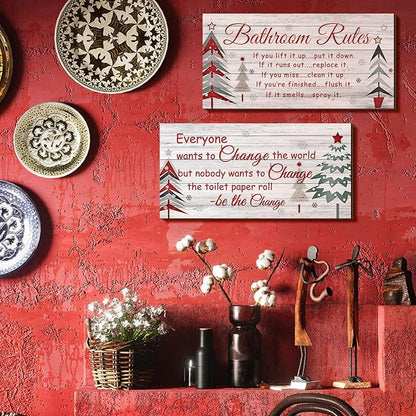 Jetec 2 Pieces Funny Bathroom Signs Bathroom Wall Decor Toilet Wall Accessories Farmhouse Toilet Rustic Wooden Signs, 12x6 Inch(Christmas Style)