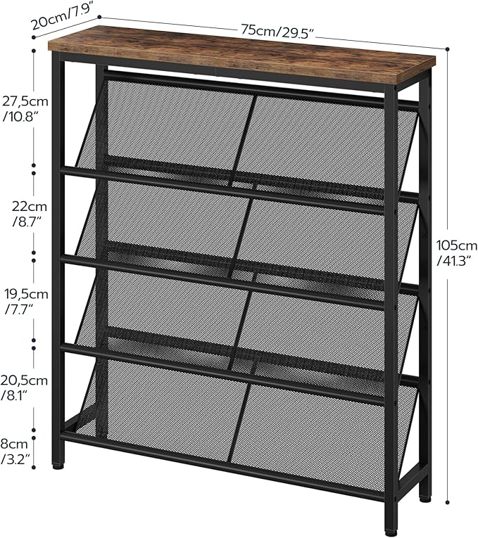 Shoe Rack, 5-Tier Slanted Shoe Storage Shelf, Narrow Shoe Rack for Entryway, Shoe Organizer with Adjustable Feet, Slim Shoe Shelf with Wooden Top and Metal Frame Rustic Brown and Black TXJ02BF