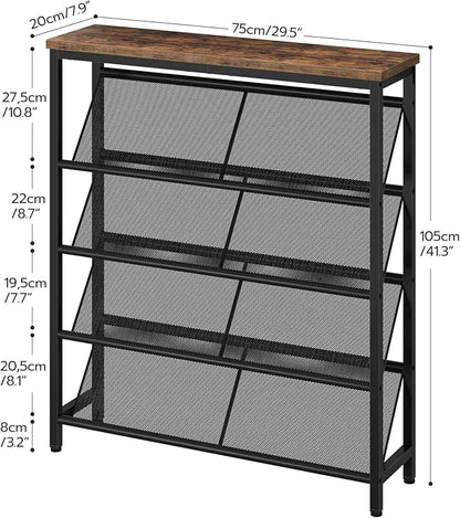 Shoe Rack, 5-Tier Slanted Shoe Storage Shelf, Narrow Shoe Rack for Entryway, Shoe Organizer with Adjustable Feet, Slim Shoe Shelf with Wooden Top and Metal Frame Rustic Brown and Black TXJ02BF