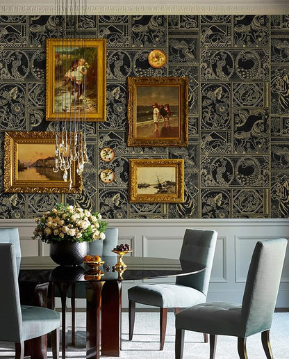 Erfoni 118"x17.7" Black and Gold Wallpaper Vintage Peel and Stick Wallpaper Special Animals Pattern Contact Paper Stick and Peel Self Adhesive Removable Wall Paper for Countertop Cabinets Covering