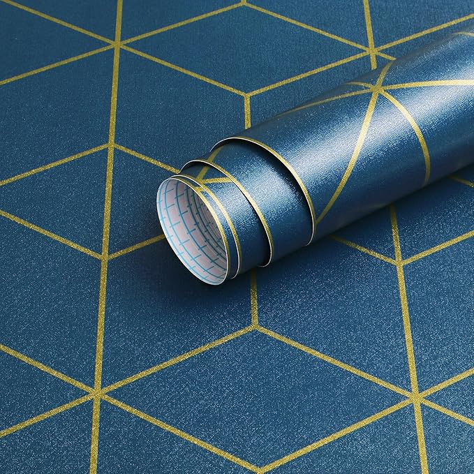 Safiyya Blue and Gold Geometric Wallpaper Peel and Stick Contact Paper Self Adhesive Removable Wallpaper Waterproof Contact Paper for Walls Vinyl Roll 118"x17.3"