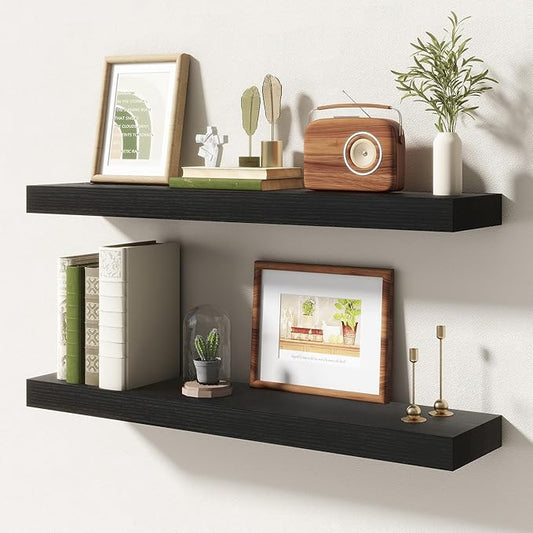 30 Inch Floating Shelves | 6.5 Inch Deep Black Floating Shelves Set of 2 | 30" W x 6.5" D Rustic Black Wood Wall Shelves with Invisible Brackets for Bathroom Living Room Bedroom
