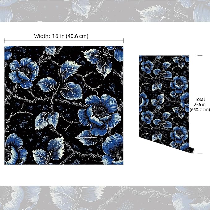 FLFK Vintage Floral Wallpaper Peel and Stick Dark Blue Flower Wallpaper 16