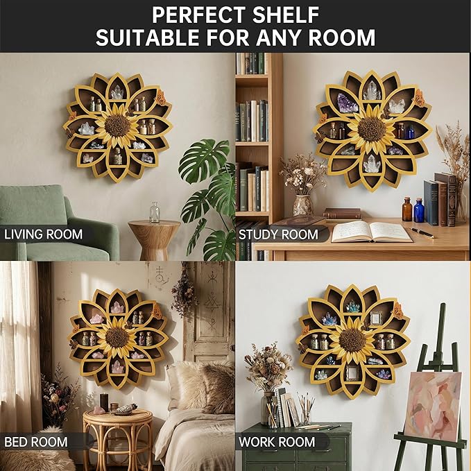 Sunflower Gifts for Women, Sunflower Decor Wooden Wall Floating Shelves with Lifelike Flower & Bee Accents, Trinket Crystal Display Shelf Boho Decor for Home Bedroom Living Room, Birthday Gift for Her