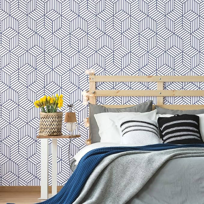 WENMER 17.7" x 590" Geometric Hexagon Peel and Stick Wallpaper - Blue and White Contact Paper, Removable Self Adhesive Vinyl Film for Home Use