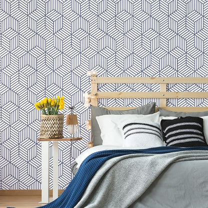WENMER 17.7" x 590" Geometric Hexagon Peel and Stick Wallpaper - Blue and White Contact Paper, Removable Self Adhesive Vinyl Film for Home Use