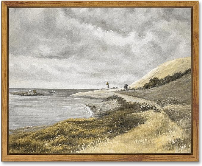 SHENIFY Coastal Framed Canvas Wall Art Vintage Landscape Seascape Classic Hallway Kitchen Office Decor - 8x10in Natural Framed