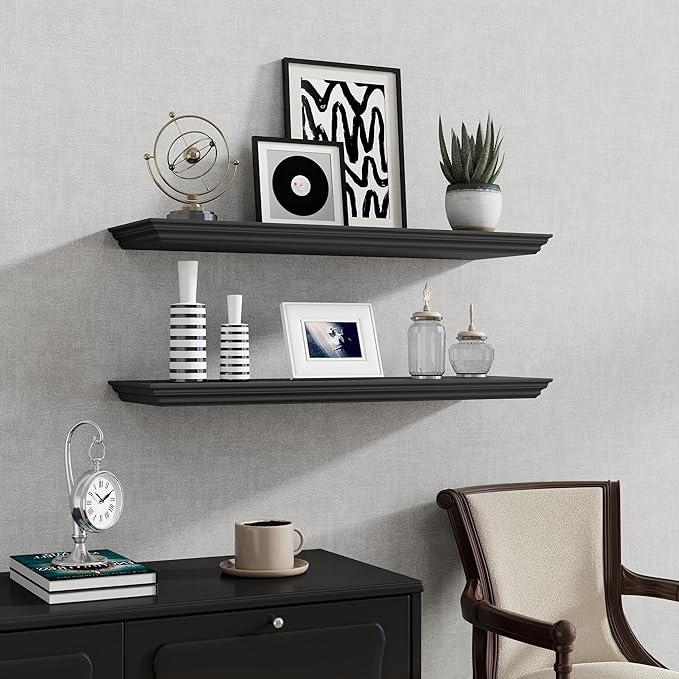 Fun Memories Floating Shelves 32 Inch Long, 9.3 Inch Deep Classic Crown Molding Floating Shelves for Wall, Rustic Wooden Shelves for Wall Decor Bathroom, Kitchen, Office, (Black, 2Pack)