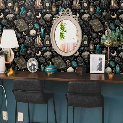 FLFK Mystic Dark Fantasy Peel and Stick Wallpaper - 16" x 128" Removable Self-Adhesive Gothic Wall Paper for Bedroom Shelf Cabinet Drawers Countertops
