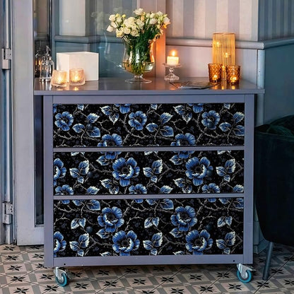 FLFK Black Wallpaper Peel and Stick Dark Blue Floral Wallpaper 16" x 64" Removable Self-Adhesive Wall Paper for Bedroom Shelf Cabinet Drawers Countertops